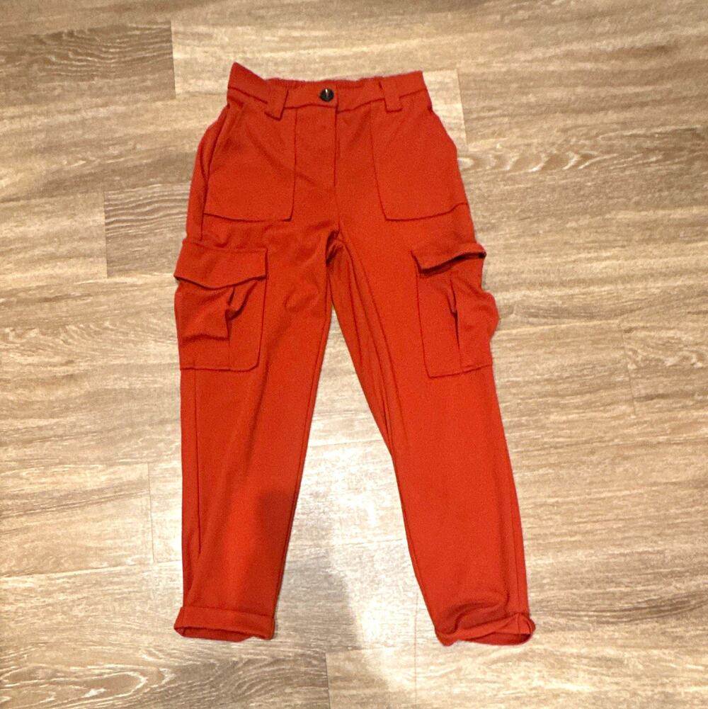 IRIS Women's Orange Cargo Pants, Pockets, Button Closure, Flat Front, Size S